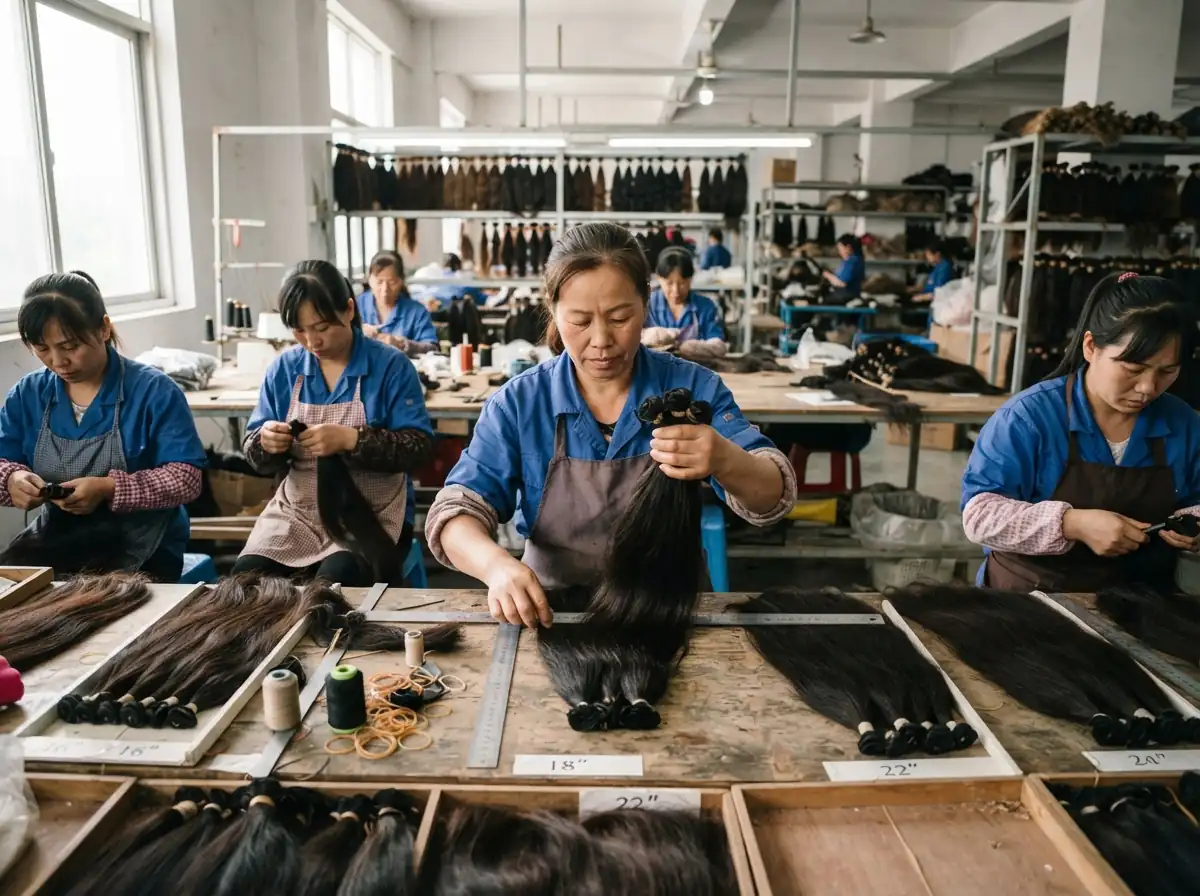 Workers sorting raw human hair by length at Guangda factory