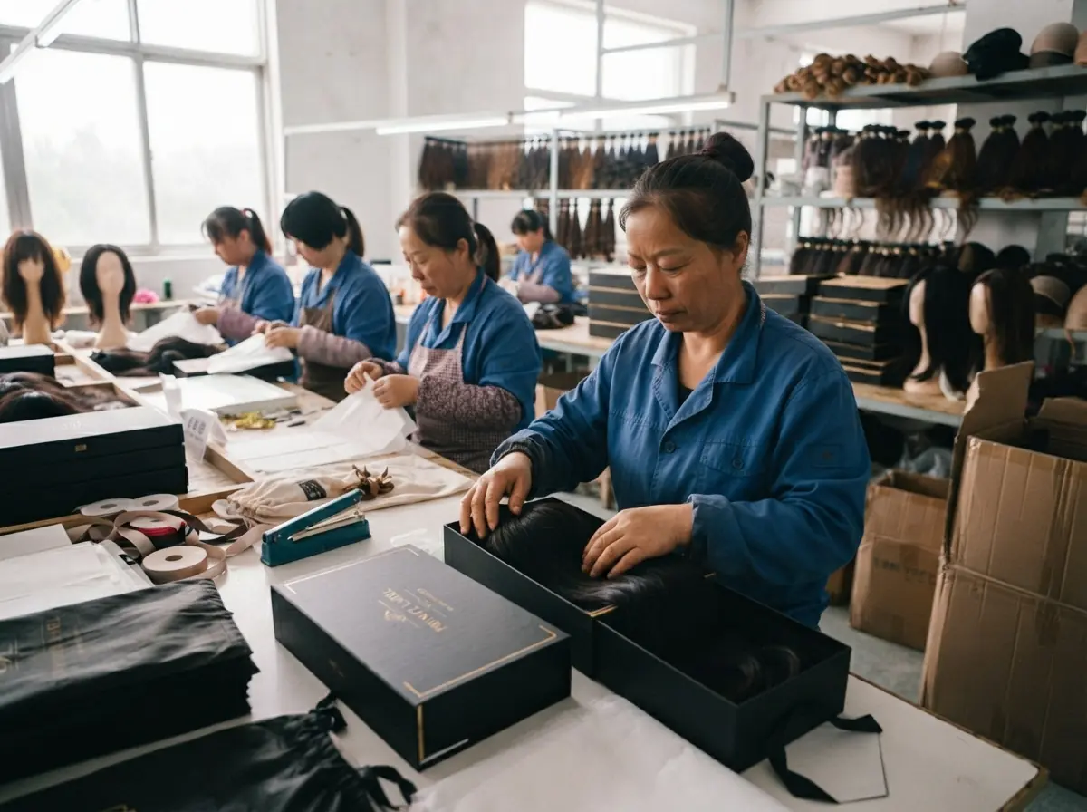 Custom packaging and private label line at the wig factory